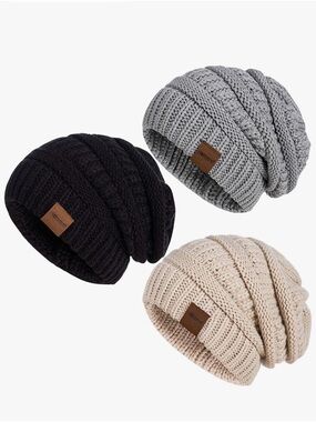 Knit Slouch Beanie Trio for Kids - Black, Gray & Cream